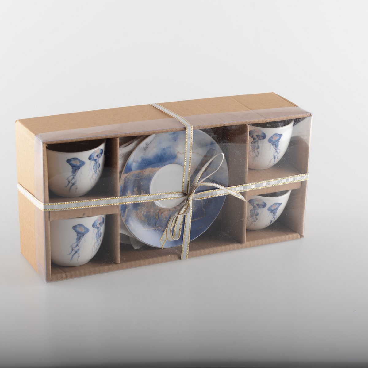 Set van 4 porseleinen koffiekopjes met schoteltjes – Blauw kwallenpatroon