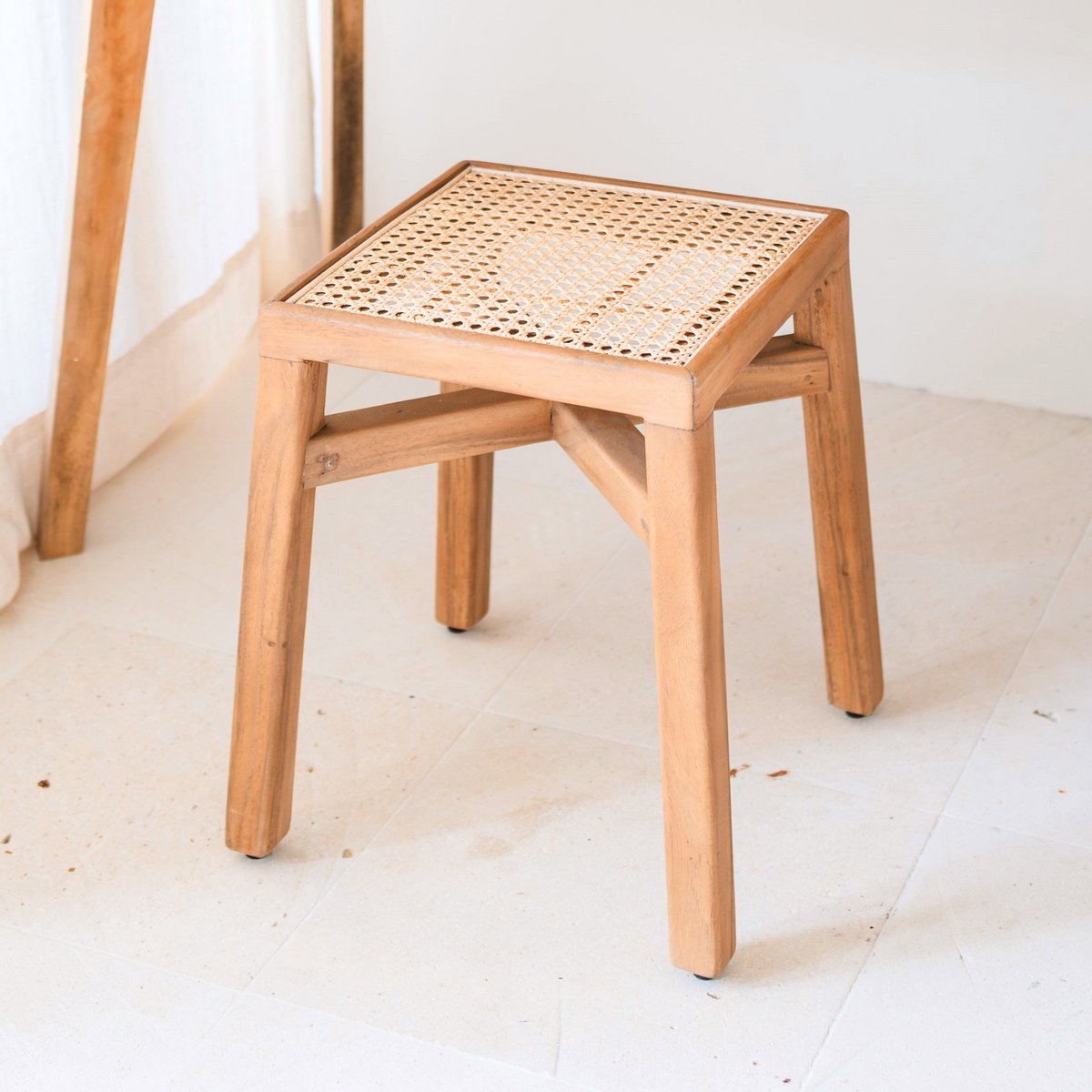 SUBANG wooden basket stool with rattan seat for living room use