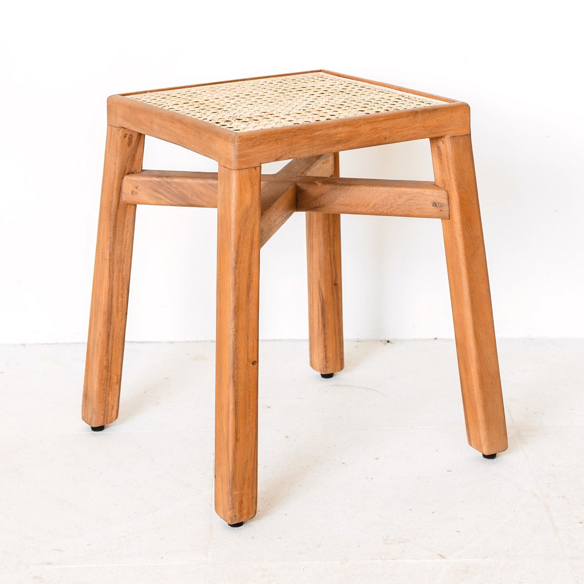 SUBANG handmade wooden basket stool with woven rattan seating