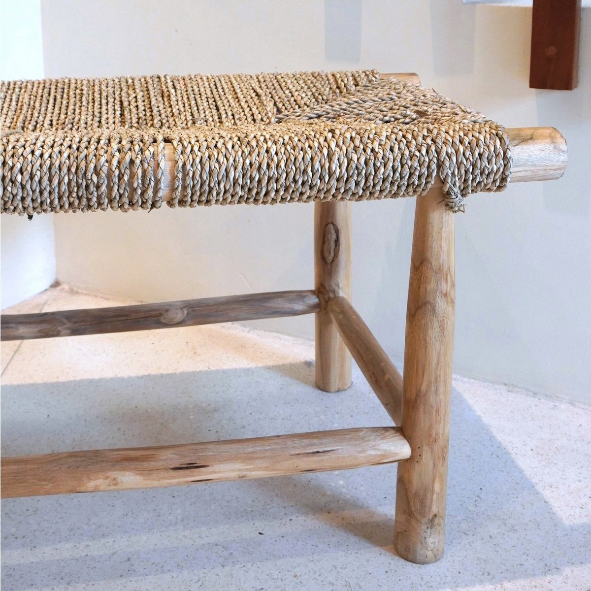 SUNGAI Wooden Bench – Seagrass Seat Handcrafted Design - CozyVibe.eu