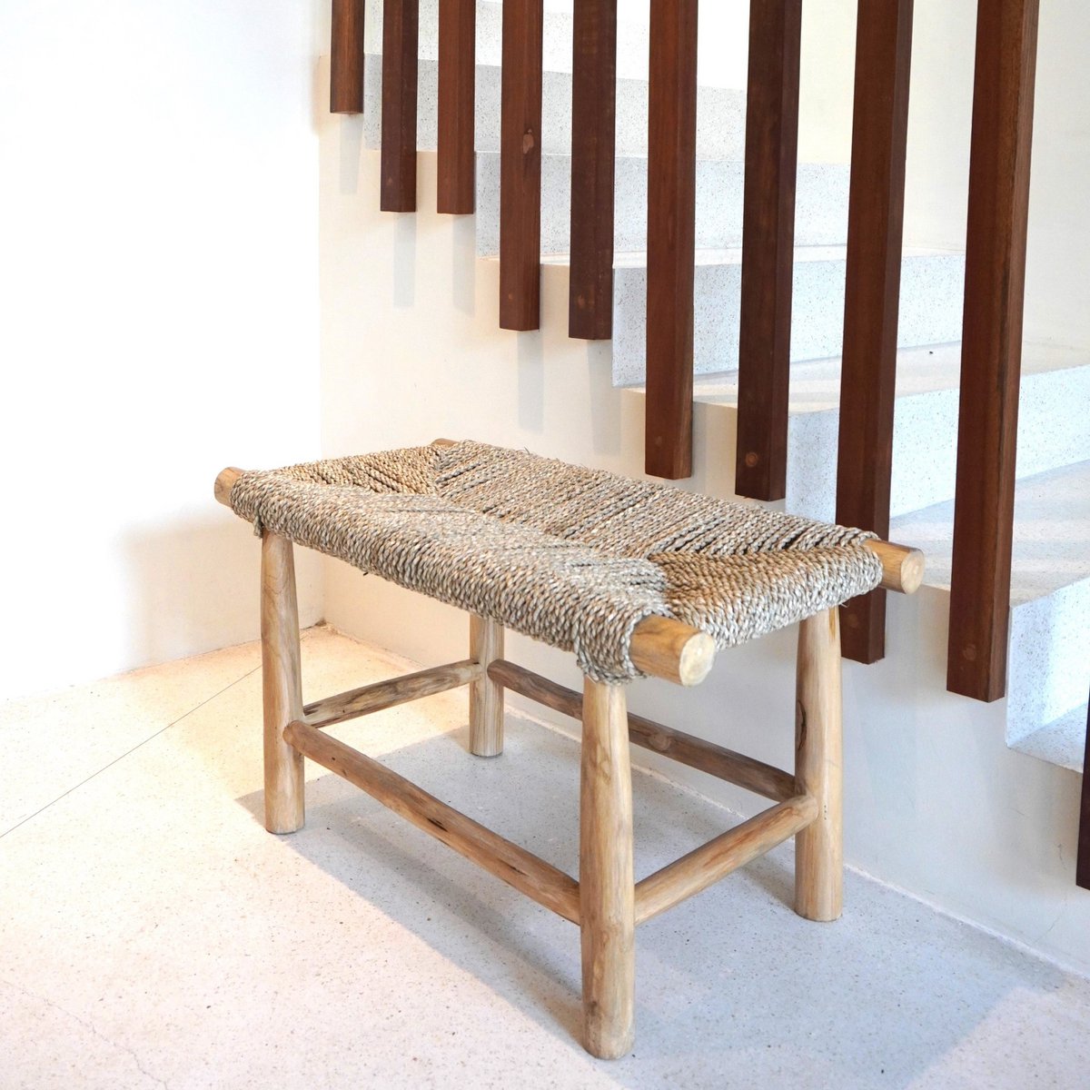 SUNGAI Wooden Bench – Seagrass Seat Handcrafted Design - CozyVibe.eu