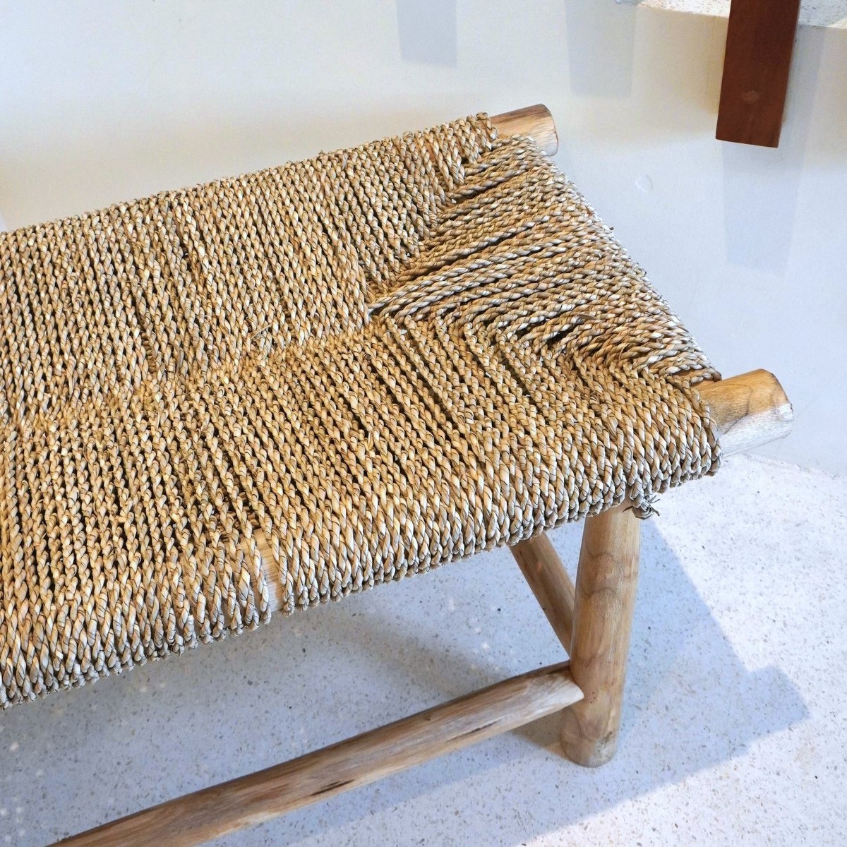 SUNGAI Wooden Bench – Seagrass Seat Handcrafted Design - CozyVibe.eu