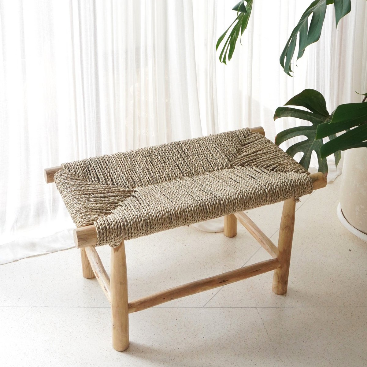 SUNGAI Wooden Bench – Seagrass Seat Handcrafted Design - CozyVibe.eu