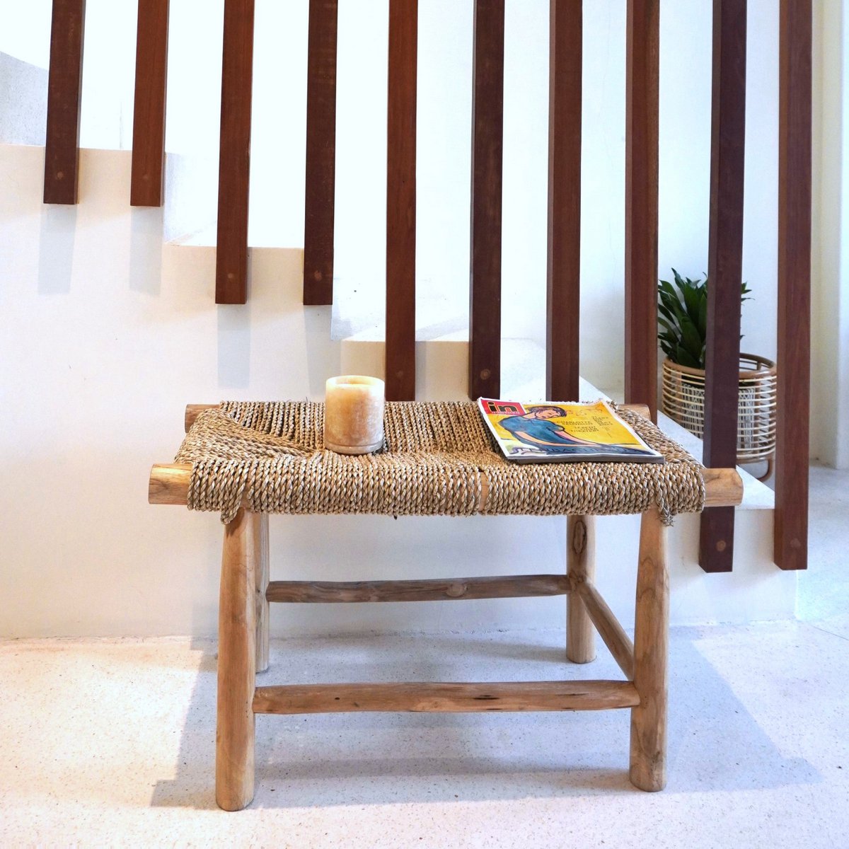 SUNGAI Wooden Bench rustic seagrass seat bench for cozy interior design