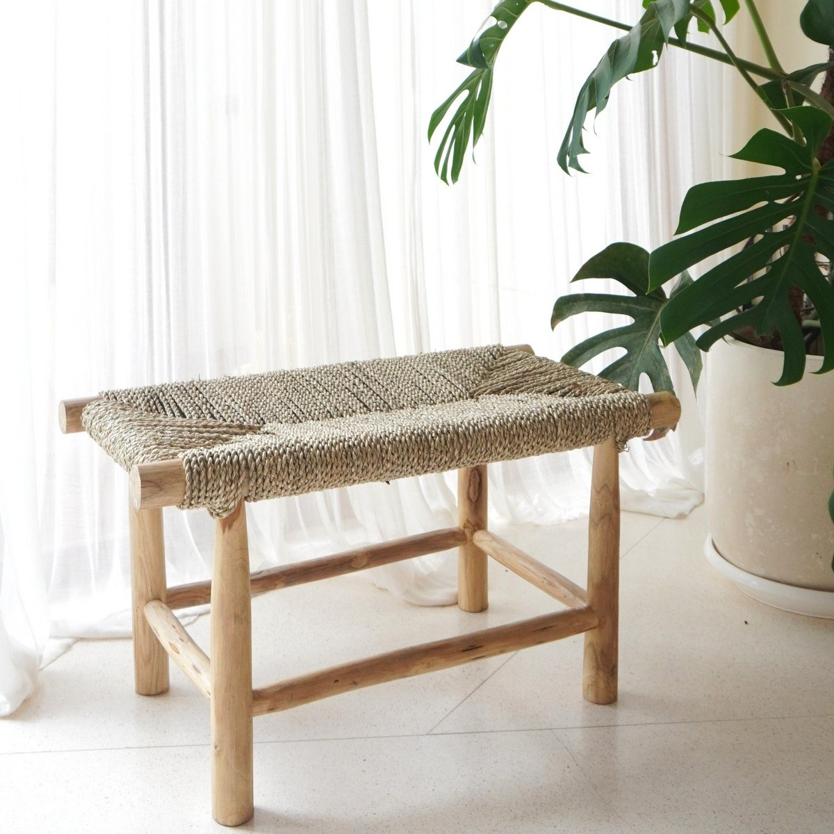SUNGAI Wooden Bench seagrass seat bench for natural home decor