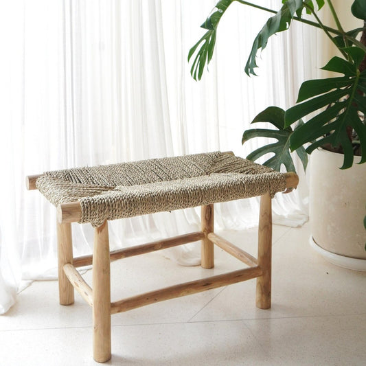 SUNGAI Wooden Bench seagrass seat bench for natural home decor