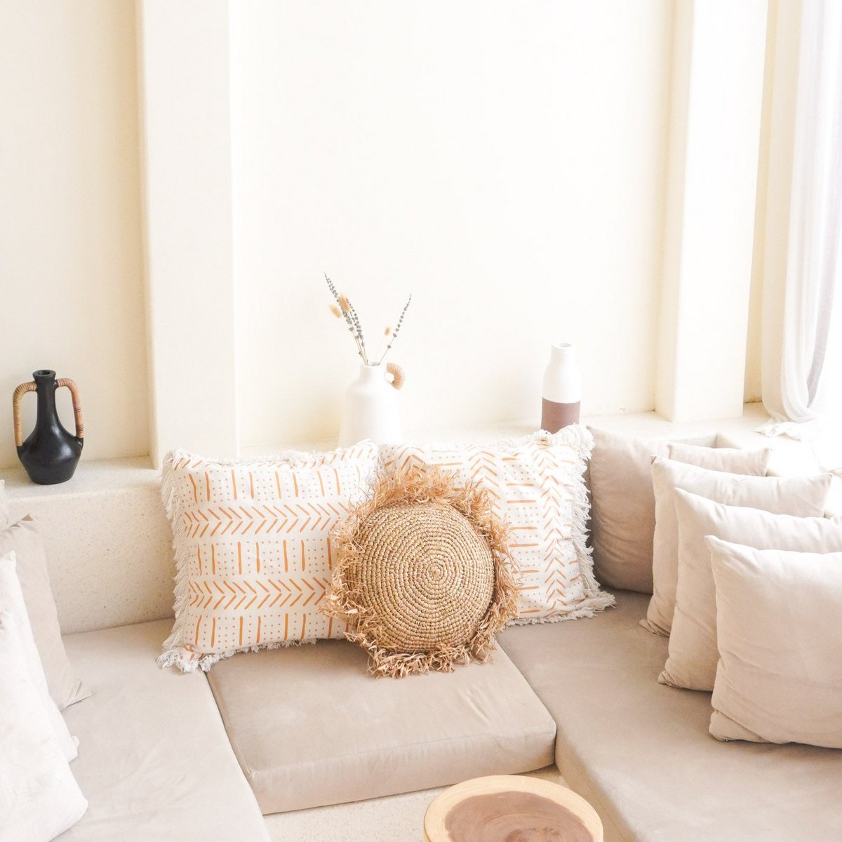 Tarakan raffia basket cushion handmade boho pillow for sofa or bed
