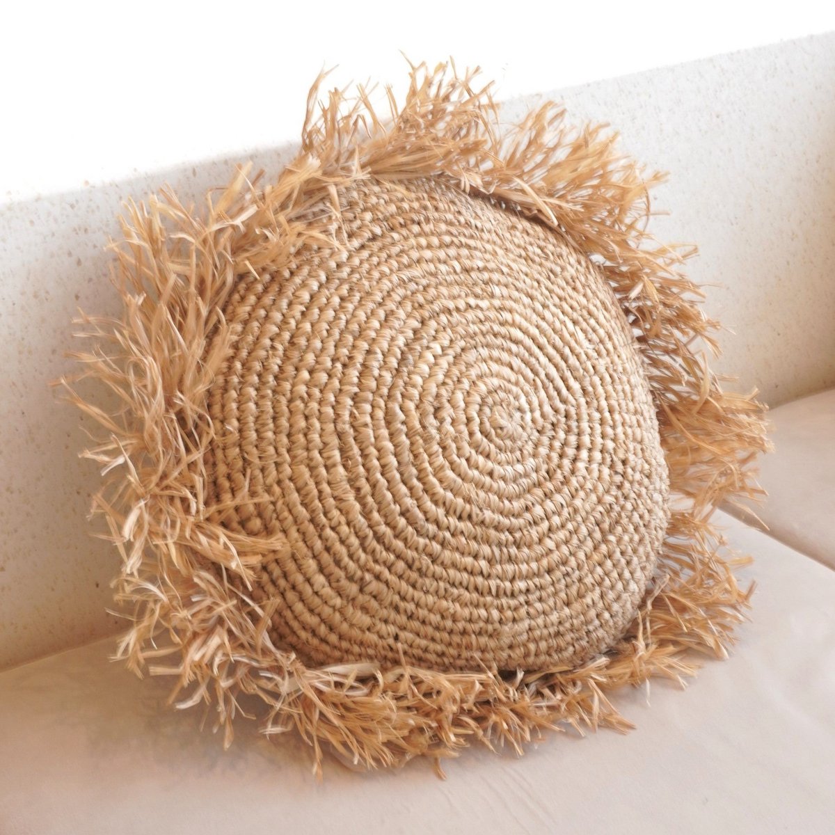 Tarakan round raffia basket cushion cozy natural pillow with fringe edge
