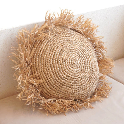 Tarakan round raffia basket cushion cozy natural pillow with fringe edge