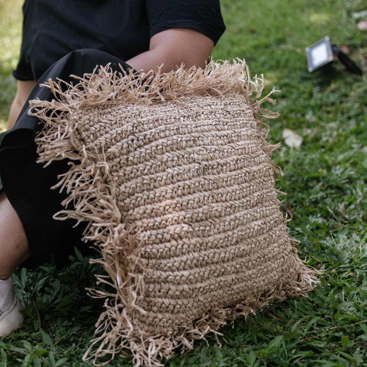 Handmade GANDI raffia cushion for cozy home décor by CozyVibe

