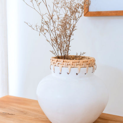 TUBAN clay basket vase showing natural rattan weaving accent