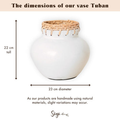 TUBAN handmade clay basket vase with smooth matte white finish