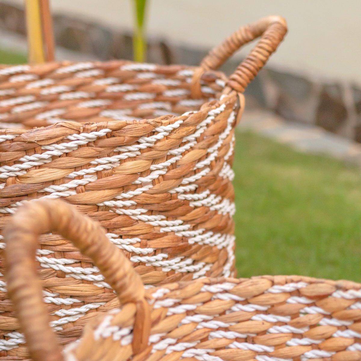 Yalimo water hyacinth basket set with striped woven boho design