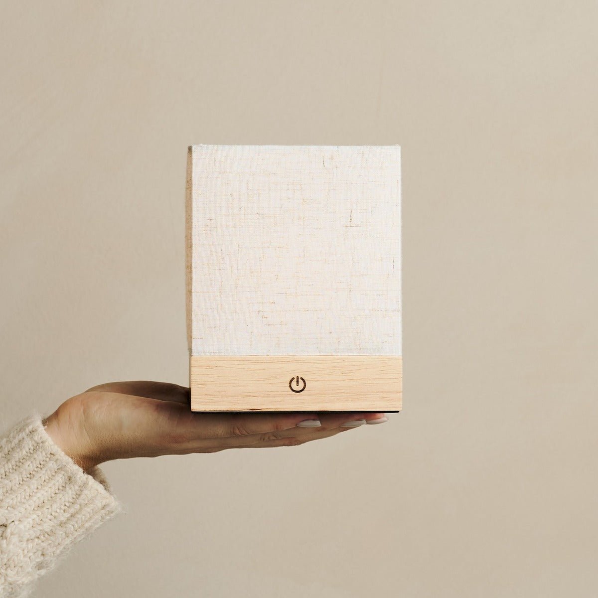 Wood and linen table lamp with built-in battery, Zano wireless design